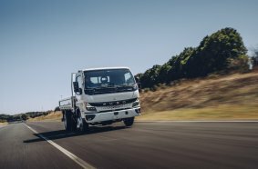 FUSO eCanter 7C18e with new sensors in front bumper at Kitsuregawa proving ground, Japan