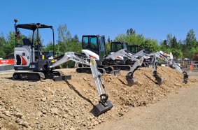 A lineup of Bobcat mini excavators, led by the E19e electric model