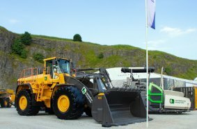 Heidelberg Materials’ rebuilt Volvo L350F wheeled loader takes pride of place at quarrying, construction and recycling exhibition Hillhead 2024.