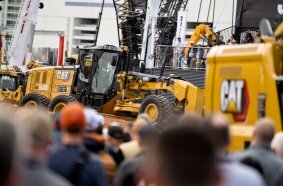 Cat® 160 Motor Grader on display at Operator Stadium during CONEXPO-CON/AGG 2023.