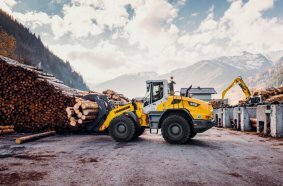 New high-performance mast: the Liebherr L 538 wheel loader transports logs with a wood grapple.