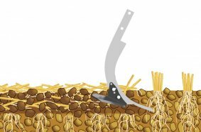 The steep angle of attack enhances the mixing of the organic matter in the soil.