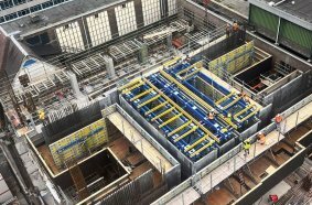 Combination of Doka climbing systems: Platform SCP inner core & SKE50+ outer core.