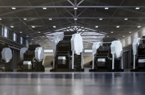 Sandvik jaw crushers line up in warehouse