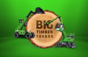 The event graphic announces SENNEBOGEN at INTERFORST 2026 and highlights solutions for log handling and forestry.