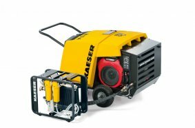 Practical carrying frame with compressed air aftercooler and microfilter combination for technically oil-free compressed air.