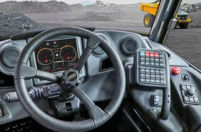 The clear, ergonomically designed cab contributes to the high productivity of the fifty-ton truck.