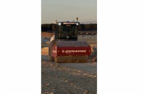 Dynapac CA2500D Seismic Roller equipped with the Bluelight Autonomous Kit at the Scout Plant in Blythewood, SC – Photo courtesy of Bluelight Machines and Landmark Construction.