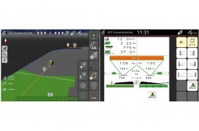 Record the scenario: georeferenced application of the HeadlandControl function.  Left: Machine control view on the AmaTron 4. Right: GPS ScenarioControl view on the AmaTron Twin app.