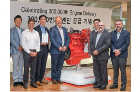 Pictured are Cummins and Hyundai Construction Equipment employees gathered to celebrate the 300,000th Cummins engine to power Hyundai Construction Equipment.