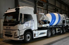 Liebherr’s ETM 1205 truck mixer in the fully electric articulated design in use for final inspection at a production site.