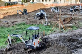 A Team of Five Bobcat Machines at Work on Archaeological Excavations at the Mausoleum of Augustus in Rome