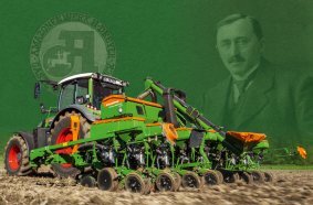 The founder Heinrich Dreyer with the historic company logo from the years of rapid industrial growth in Germany and the latest Amazone Precea precision air seeder.