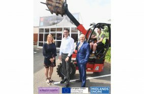 From the left, Denise Osborne (Coventry City Council), Rob Goodman (Showplace), Jim Clark (CW Growth Hub) and, in the forklift truck, Alex Mitchell (Showplace)