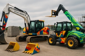 Wheeled excavator and telehandler, boldly wrapped with geometric patterns in bright primary colors, working side by side on an active jobsite. Signal Design’s rugged wrap materials ensure durability and brand consistency in tough environments.