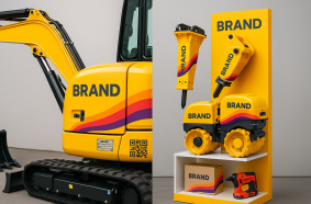  Excavator parts, components, and tools are displayed with consistent branding – including labels, QR codes, and color-coded designs. Signal Design ensures every detail on and off the machine tells the same story.