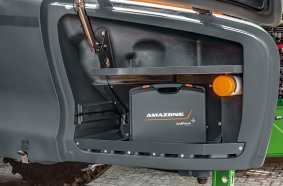 The AidPack can be stowed in the storage compartment of the AMAZONE crop protection sprayer keeping it safe and close to hand.
