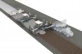 Wirtgen Concrete Paving Train: Usually, a placer/spreader is deployed in combination with a slipform paver and a texture curing machine when paving with pre-placed steel rebar.