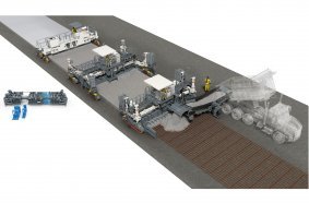 Der 24-foot (7.3 m) paving train, comprising a WPS 102(i), an SP 94(i) with a TeleMold system and a TCM 180(i), offers the entire range of options available for fully reinforced concrete paving.