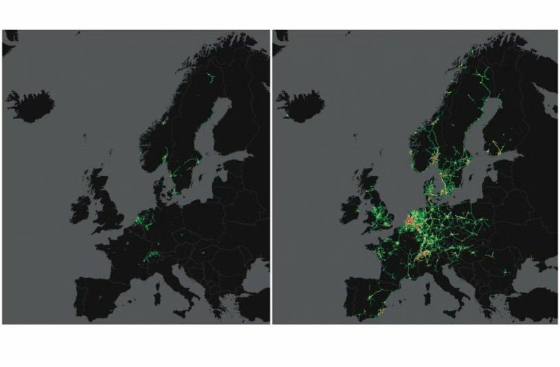 The map shows the increase in activity from Volvo electric trucks in Europe from the beginning of 2023 (left) to mid 2024 (right). The red part shows where most electric Volvo trucks are in operation.<br>IMAGE SOURCE: Volvo Trucks