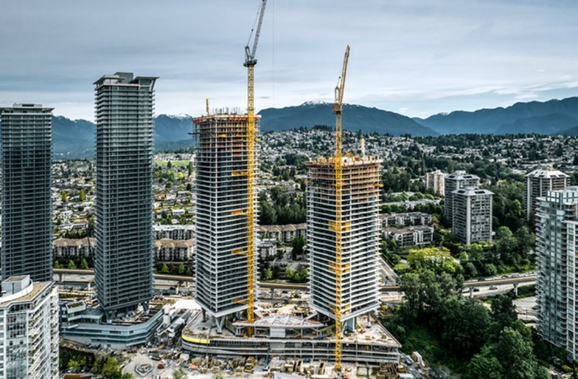 A 280 HC-L and a 355 HC-L from Liebherr are helping to build two residential towers in Burnaby, Canada.<br>IMAGE SOURCE: Liebherr-International Deutschland GmbH