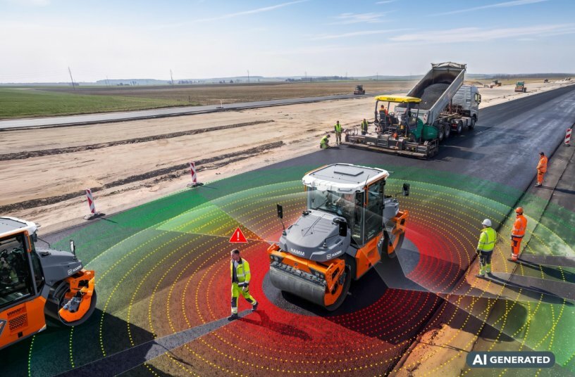 The new Brake Assist system from Hamm enhances safety in road construction: High-performance LiDAR sensors are mounted on the roof of the tandem rollers to detect people, objects and obstacles.<br>IMAGE SOURCE: WIRTGEN GROUP