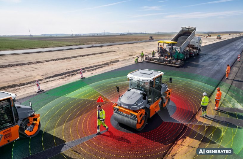 Neues Assistenzsystem Brake Assist von Hamm unterstützt die Sicherheit im Straßenbau: Für die Erkennung von Personen, Objekten und Hindernissen sind leistungsfähige LiDAR-Sensoren am Dach der Tandemwalzen angebracht.<br>BILDQUELLE: WIRTGEN GROUP