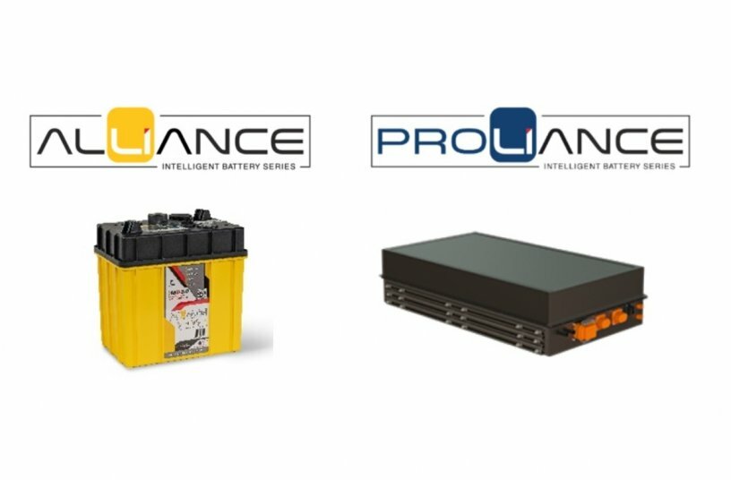 Low-voltage Alliance Intelligent Battery Series battery pack (left) and high-voltage Proliance Intelligent Battery Series battery pack (right)<br>IMAGE SOURCE: Komatsu