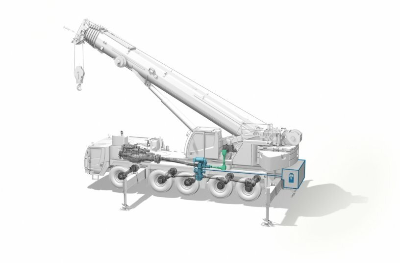 The electric motor powers the great shaft to the pump transfer gearbox in the superstructure via a distributor gear. The battery pack is attached to the rear if the vehicle.<br>IMAGE SOURCE: Liebherr-Werk Ehingen GmbH