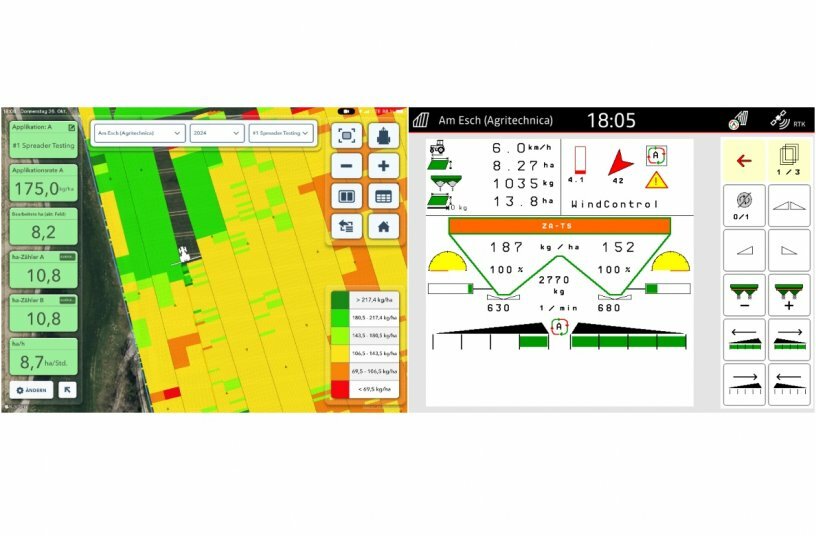 FieldView Cab App visualizing rate per side (left) as applied by the Amazone ZA-TS and shown on the AmaTron4 (right)<br>IMAGE SOURCE: AMAZONEN-WERKE H. DREYER SE & Co. KG