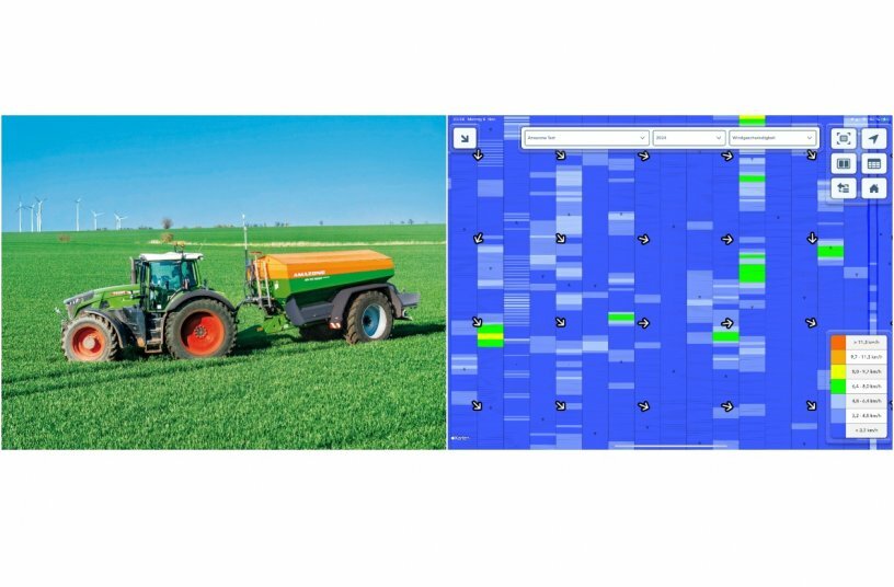 Amazone ZG-TS equipped with WindControl (left) and FieldView Cab App visualising the data captured from the sensor<br>IMAGE SOURCE: AMAZONEN-WERKE H. DREYER SE & Co. KG