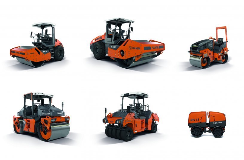 Hamm is presenting numerous new series and models at CONEXPO/CON-AGG 2023: The HC CompactLine series, the HC series, electrically driven compact rollers from the HD CompactLine series, the HX series, the HP 100i articulated pneumatic-tire roller, and the HTC 15 trench roller (from top left to bottom right). They are also presenting a tandem roller from the HD+ series with two VIO drums.<br>IMAGE SOURCE: WIRTGEN GROUP