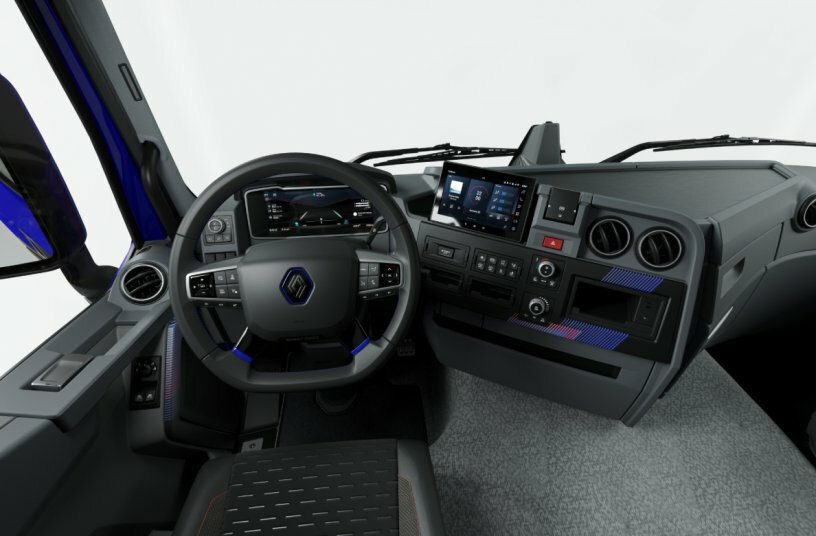 Panorama-Armaturenbrett: volldigitales 12-Zoll-Kombiinstrument, 9 Zoll-Multifunkionsbildschirm, neues Lenkrad, unten abgeflacht, E-Tech Innendesign mit blauen und roten Akzenten, Induktionsladegerät<br>BILDQUELLE: Renault Trucks