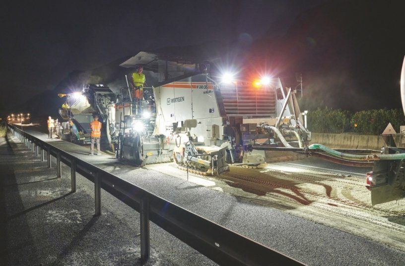 A cold recycling train from the Wirtgen Group was deployed for the rehabilitation of two sections of a major highway in Greece. On account of the high daytime temperatures, the work began in the evening and ended in the early morning.<br>IMAGE SOURCE: WIRTGEN GROUP