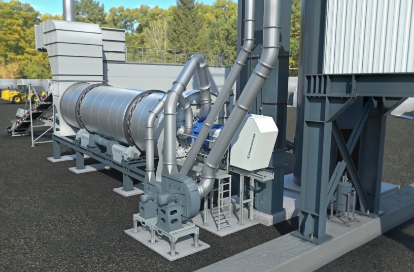 The REVOC system from Benninghoven is a solution that reduces emissions in the asphalt production process, making existing mixing plants more efficient and reducing their environmental impact.   <br>BILDQUELLE: WIRTGEN GROUP