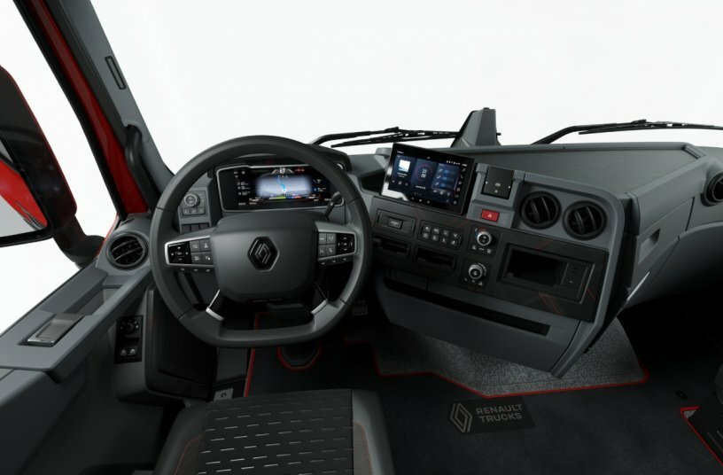 Panorama-Armaturenbrett: volldigitales 12-Zoll-Kombiinstrument, 9 Zoll-Multifunkionsbildschirm, neues Lenkrad, unten abgeflacht, Induktionsladegerät<br>BILDQUELLE: Renault Trucks