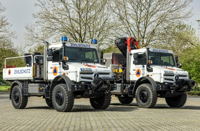 Zwei multifunktionale Zivilschutz-Trägerfahrzeuge Unimog U 5023 im Erprobungseinsatz beim Bundesamt für Bevölkerungsschutz und Katastrophenhilfe (BBK)<br>BILDQUELLE:Daimler Truck AG