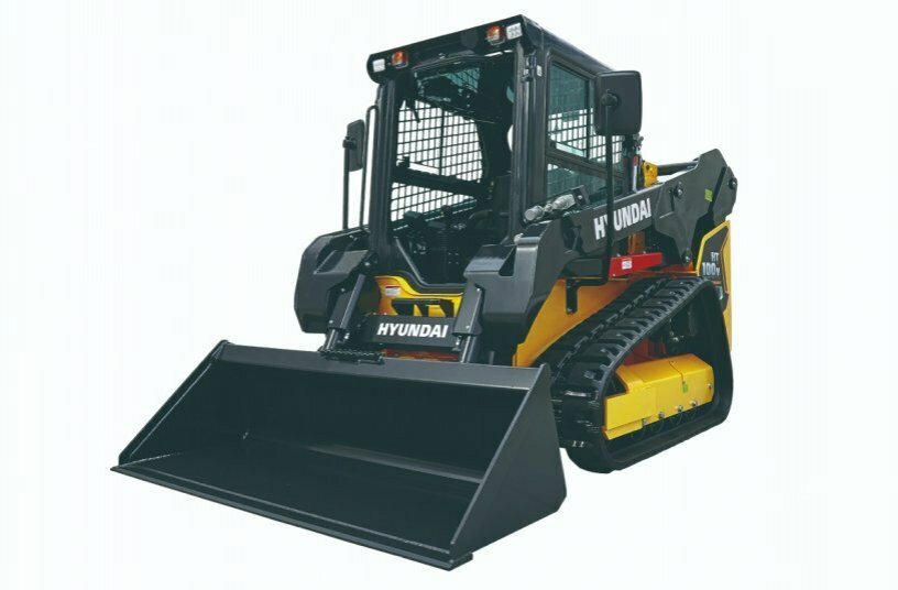The Hyundai HT100V compact track loader has a rated operating capacity of 2,300 pounds (1,220 kg), and its heaped bucket capacity is 0.58 yd3 (0.44 m3).<br>IMAGE SOURCE: Cooper Hong Inc.; Hyundai Construction Equipment Americas Inc.