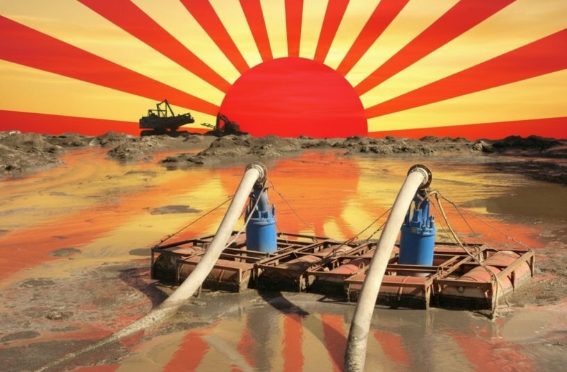 Two slurry pumps from the Land of the Rising Sun on pontoons: hardly any pit can manage without drainage.<br>IMAGE SOURCE: Tsurumi