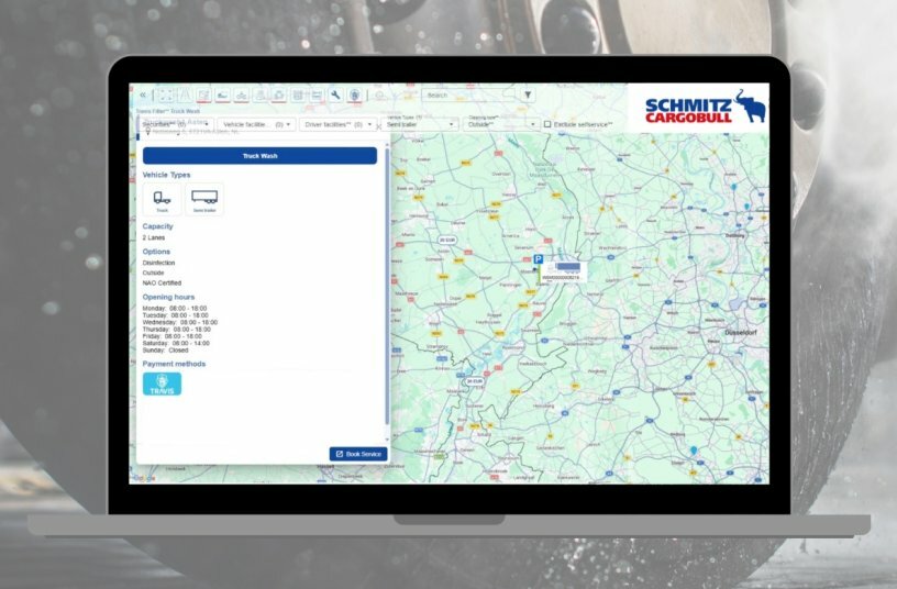 TrailerConnect® mit integriertem Wasch- und Parkservice über Partner TRAVIS<br>BILDQUELLE: Schmitz Cargobull AG