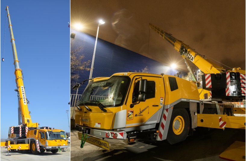 (Left) Vernazza Autogru’s new Grove GMK5250XL-1 all-terrain crane. (Right) Vernazza Autogru’s new Grove GMK5250XL-1 installing an air conditioning system at the IKEA store in Genova. <br> Image source: MANITOWOC COMPANY, INC.