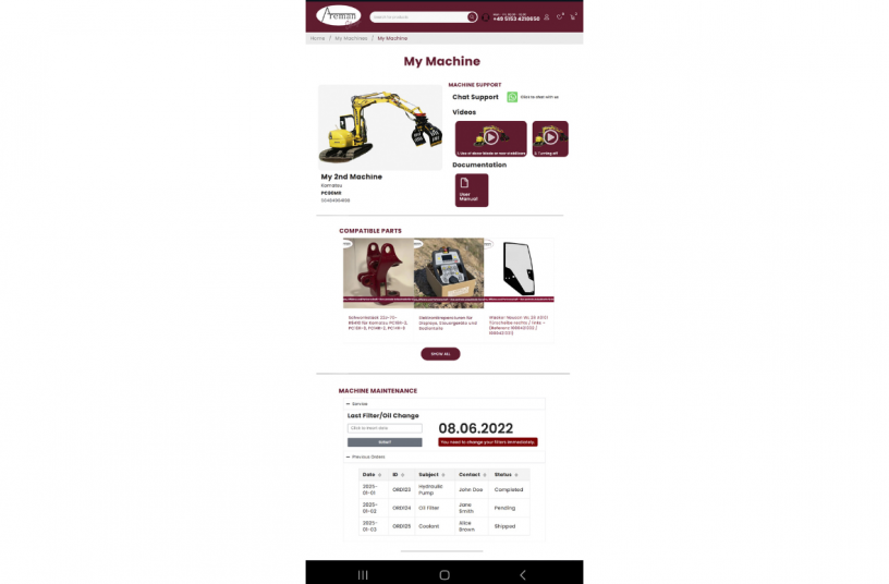 Everything at a glance with “My Machine”: Store your entire machine fleet on our new platform and easily find the right spare parts anytime. Access helpful videos and documents for maintenance and repairs and keep track of upcoming maintenance and previously purchased parts.<br>IMAGE SOURCE: Areman GmbH