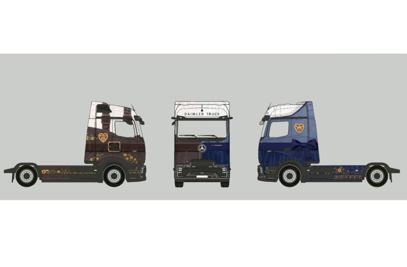 The Mercedes-Benz eActros 600, adorned in a distinctive dirndl and lederhosen-themed wrap.<br>IMAGE SOURCE: Daimler Truck AG
