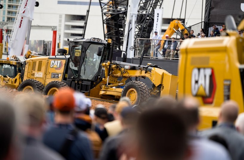 Cat® 160 Motor Grader on display at Operator Stadium during CONEXPO-CON/AGG 2023.<br>IMAGE SOURCE: Caterpillar