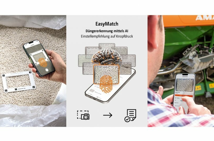 Mit EasyMatch wird ein digitaler Fingerabdruck anhand multipler Faktoren durch Artificial Intelligence (AI) bestimmt und die Einstellempfehlungen für den Dünger werden automatisch aus der Datenbank geladen.<br>BILDQUELLE: AMAZONEN-WERKE H. DREYER SE & Co. KG