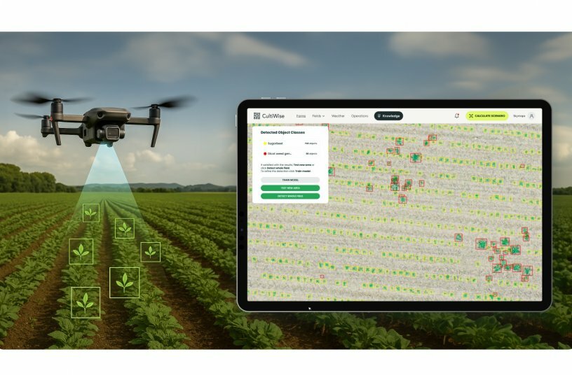 flying at heights of 40 to 120 meters, drones capture field images that are uploaded to the CultiWise platform<br>IMAGE SOURCE: CultiWise