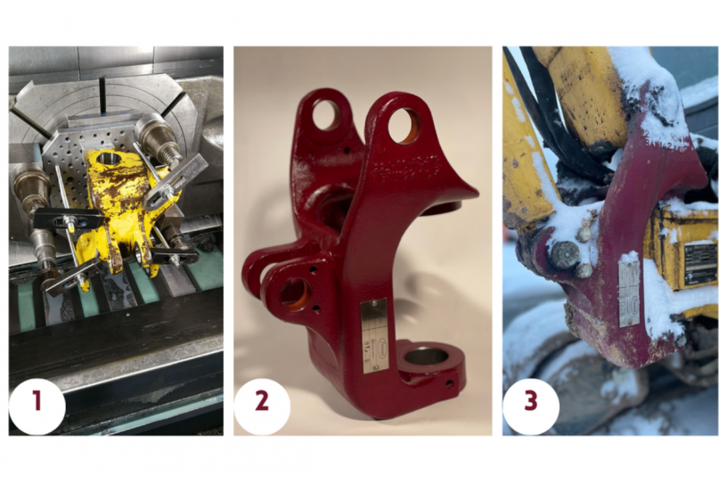Remanufacturing: Refurbished swing frame for a Komatsu mini excavator, processed by Areman, part number: 22J-70-R5410, suitable for PC14 and PC16 models: 1. Used and worn swing frame during the remanufacturing process  2. New, improved swing frame  3. Areman swing frame in use by our customer for around 3 years – without any issues or need for repair<br>IMAGE SOURCE: Areman GmbH