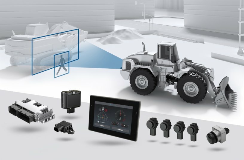 With a combination of radar, ultrasound and camera-based person detection, the new Collision Avoidance System (CAS) monitors the relevant danger zone, warns the driver if necessary or initiates a slowdown of the machine, including emergency braking.<br>IMAGE SOURCE: Bosch Rexroth AG