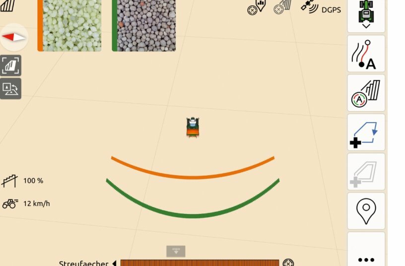 Jeder Dünger hat individuelle Eigenschaften, die sich auf die Einstellungen auswirken. Beispielsweise hängen die Form und Position des SectionControls von der spezifischen Wurfweite ab.<br>BILDQUELLE: AMAZONEN-WERKE H. DREYER SE & Co. KG
