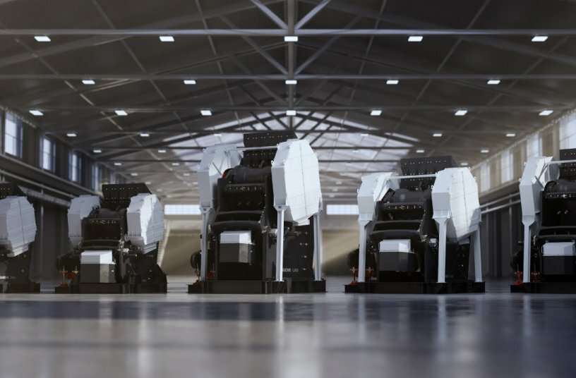 Sandvik jaw crushers line up in warehouse<br>IMAGE SOURCE: Sandvik Rock Processing Solutions